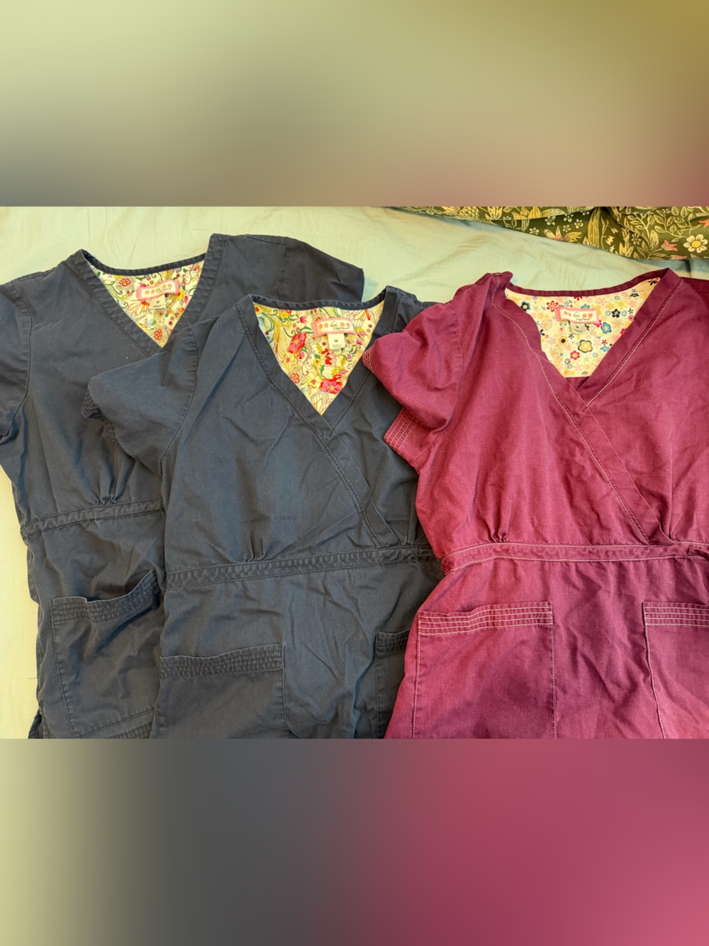 Koi Set of 3 V-Neck Scrub Tops in Navy and Burgundy